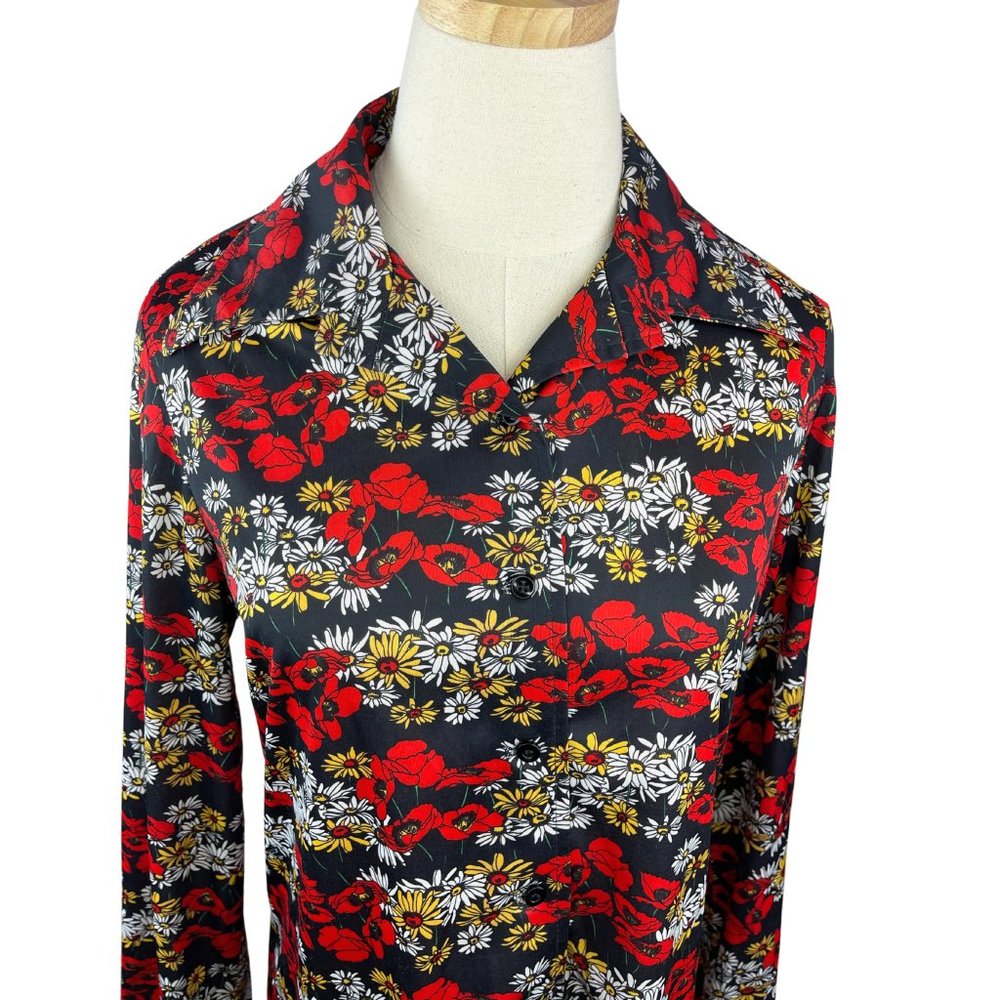 Vintage 70's Empress of Dallas Collared Poppies and Daisies Pullover Blouse